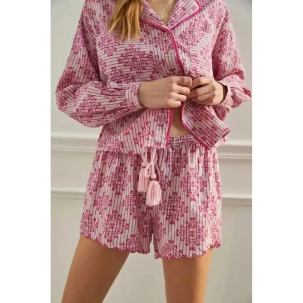 Anthropologie Ella Scalloped Blouse Pajama Top and Pants Set Size Small 51732